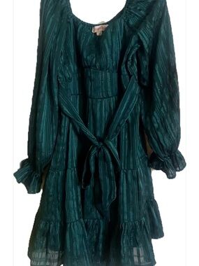 🩷 Teal Metallic Stripe Long Sleeve Tiered Dress sz 8 girls